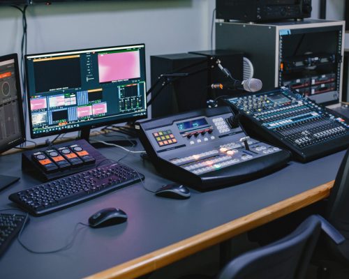 Close up of sound engineer studio with equipment Sound engineer studio. Closeup view.